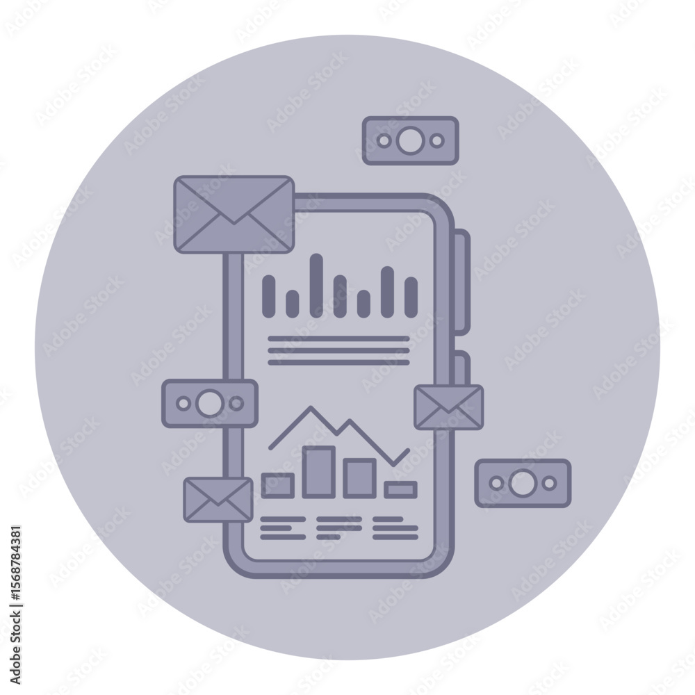 Poster icon of mobile device surrounded by envelopes and data charts, illustrating digital communication an