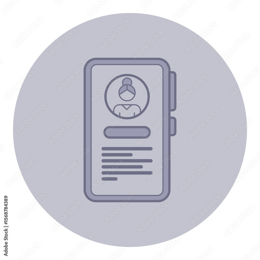 Poster digital profile icon of user profile with avatar and text fields set against neutral gray circular b