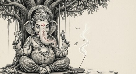Sacred Lord Ganesha Sitting Under Banyan Tree &ndash; Hand-Drawn Spiritual Art with Incense and Floral Patterns