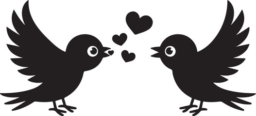 Two Black Silhouette Birds Facing Each Other Exchanging Small Black Hearts Vector Illustration Romantic Love Theme Simple Design