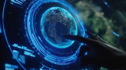 A digital representation of the earth, interacted with by a hand.