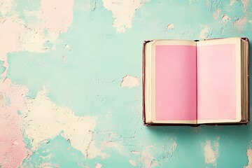 Open pink book on painted plaster background, perfect for creative writing