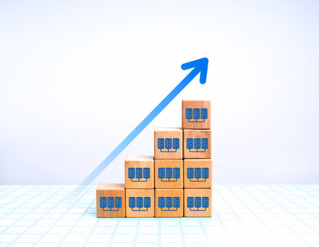AI Data center growth, increased demand for digital infrastructure, and smart applications concept. Data center icon on wood cube block graph steps with rise arrow on grid surface, white background.
