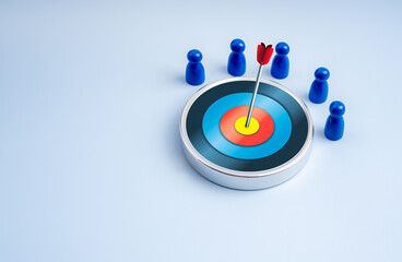 Stakeholder, business connection, cooperation, teamwork and team building concept background. 3d chrome dartboard icon, arrow hit target, and blue peg doll figures as businessman group stand together.