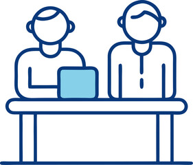 Minimal line art of a job interview across a desk with two people, with white background.
