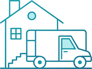 Minimal line art of moving truck in front of a house, clean background with white background.