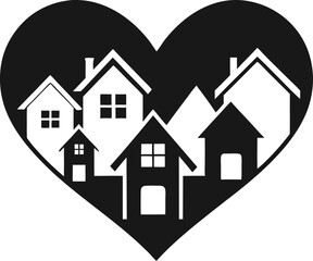 Silhouette of houses forming a heart shape, concept of home love with white background.