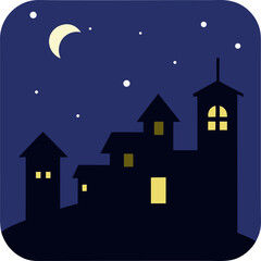 Fototapeta premium Silhouette of night cityscape with stars and home lights glowing, square vector with white background.
