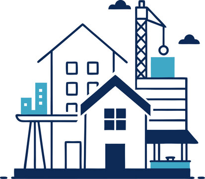 Line drawing of a construction site for new homes, vector format with white background.