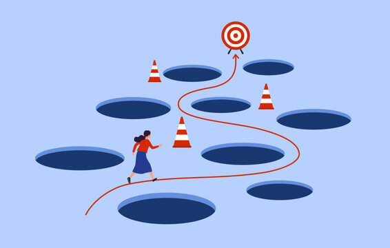 Avoid pitfall planning and obstacle avoidance concept. Business failure, skill and creativity to solve problem with many pitfalls to achieve business success vector