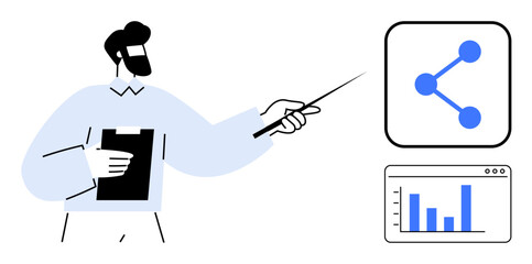 Man holds clipboard, uses pointer to explain growth chart and organizational network concept. Ideal for analytics, teamwork, data presentation, strategy, planning, education, simple landing page