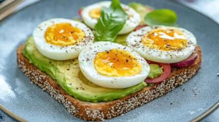 Close-up vibrant toast with avocado slices and boiled eggs, adorned with basil leaves
