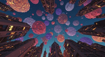 Futuristic cityscape with floating spheres and towering buildings at night