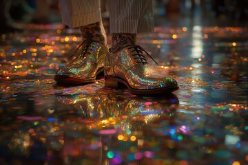 Golden shoes reflecting on confetti covered dance floor at new year's eve party