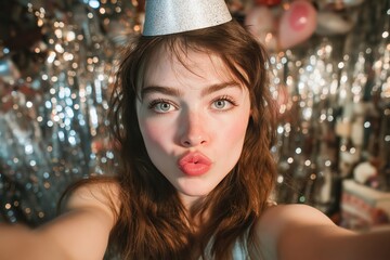 Young woman taking selfie kissing at new year's eve party