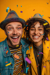 Happy couple celebrating new year's eve with falling confetti