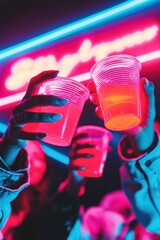Friends toasting drinks celebrating new year's eve under neon lights