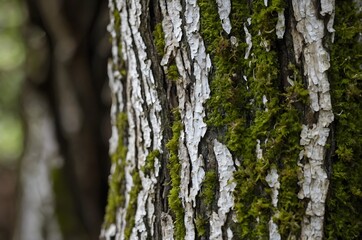 Obraz premium Close up of a tree trunk with peeling bark and green moss growing on it in a forest setting