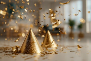 Golden party hats and confetti falling for new year's eve celebration