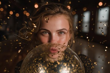 Young woman blowing golden confetti from balloon at new year's eve party