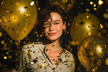 Young woman celebrating new year's eve with golden balloons and confetti