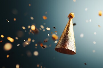 Golden party hat floating with falling confetti on new year's eve