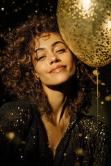 Young woman celebrating new year's eve with golden balloon and confetti