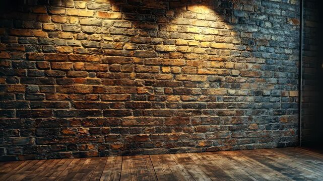 Rustic brick wall illuminated by warm lights, creating a cozy atmosphere for photography or design