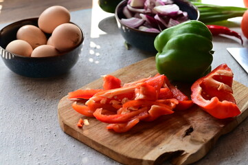 Sausages and Vegetables – Fresh Ingredients for Cooking Lecsó, a Traditional Central European Dish