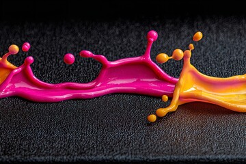 Colorful paint splash creates dynamic patterns against a dark surface during artistic creation process