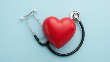 Heart Checkup: A conceptual close-up, top-down composition displays a red heart encircled by a stethoscope, signifying health and medical care on a blue background.
