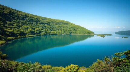 Obraz premium Serene Water-Filled Meteorite Crater Lake with Lush Greenery