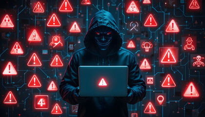 Darknet hacker holding laptop surrounded by digital warning icons in red exclamation signs on black background with alert and malware concept.