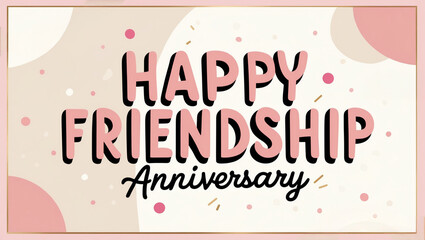 Friendship greeting card featuring large bold message 'Happy Friendship Anniversary' in playful typography, background in blush pink and cream with confetti dots
