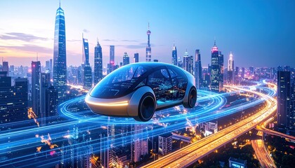 Futuristic Autonomous Car Over Illuminated Cityscape at Dusk, Technology Concept.