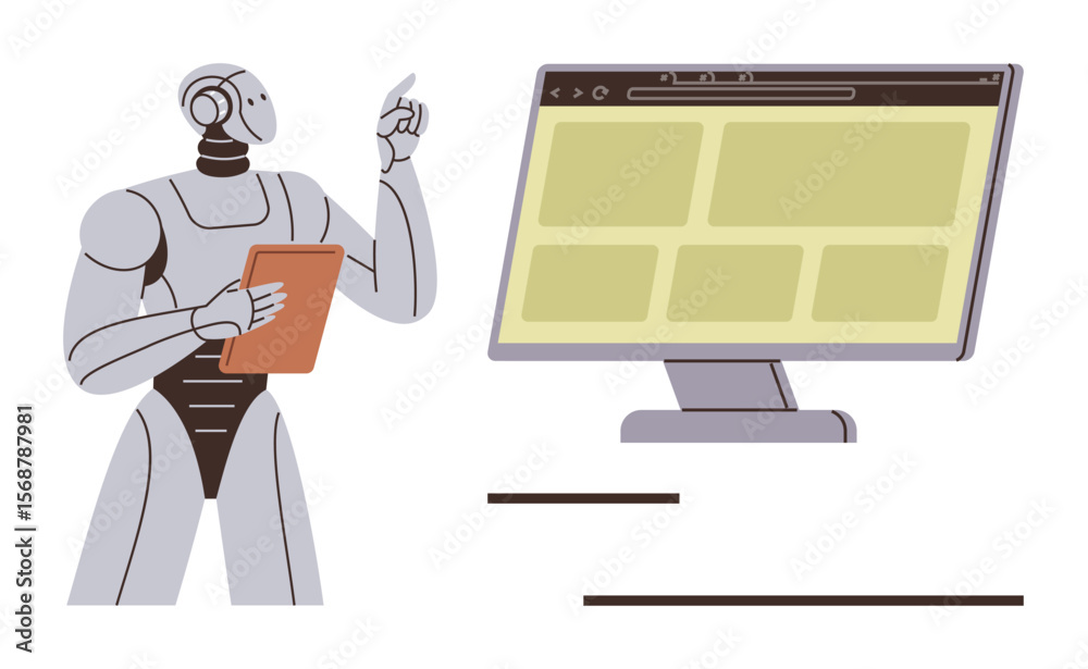 Poster robot holding a tablet points at computer screen with grid layout. ideal for technology, ai, data an