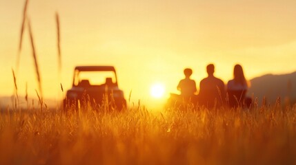 Fototapeta premium Silhouette of family enjoying sunset view from a field with ATV in background. Concept of family, nature, adventure, and summer vacation.