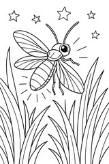 Coloring Book, Simple Firefly Coloring Page for Kids Featuring Stars and Grass, Ideal for Creative Fun and Relaxation in a Playful Black and White Design