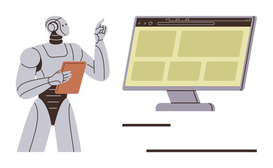 Robot holding a tablet points at computer screen with grid layout. Ideal for technology, AI, data analysis, innovation, futuristic concepts, automation, robotics, simple flat metaphor