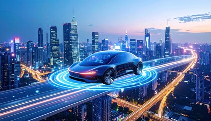 Futuristic Autonomous Vehicle Gliding Over Illuminated Cityscape at Night