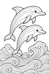 Obraz premium Coloring Book, Two Playful Dolphins Jumping Over Waves in a Minimalistic Outline Style for Coloring and Artistic Expression