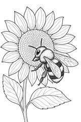 Coloring Book, Detailed Outline Art of a Bumblebee on a Sunflower Against a White Background for Coloring and Creative Projects