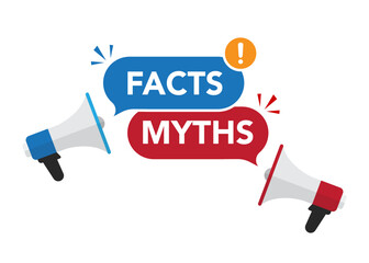 Megaphone with red myths and blue facts speech bubble. Stock illustration.
