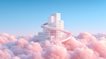 A surreal modern building spirals upward, floating above soft pink clouds against a clear blue sky.