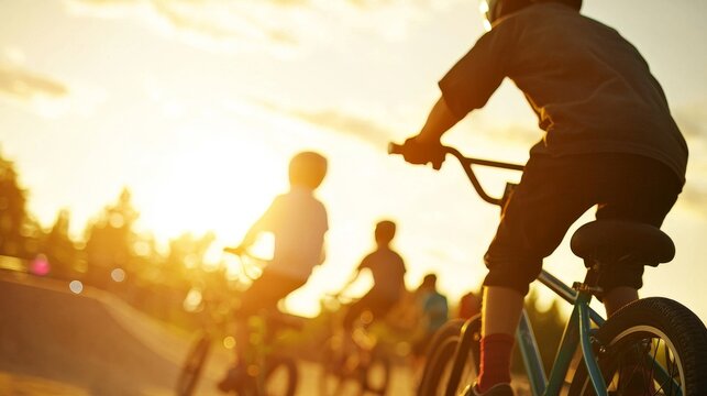 Silhouette of children riding BMX bikes at sunset.  Active lifestyle, friendship, summer fun. - Powered by Adobe