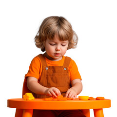 Cute child playing with play dough on orange table, close-up.