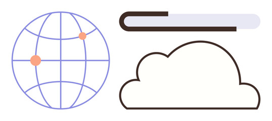 Globe with points, abstract cloud, and file bar illustrating global data sharing, storage, communication, and digital interaction. Ideal for networking, cloud computing, collaboration innovation