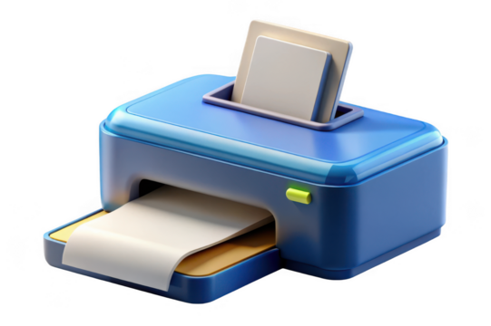 Modern blue printer with paper output and input tray isolated on transparent background