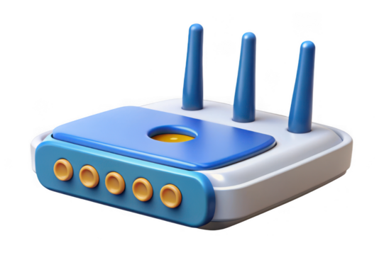 Modern 3d rendered blue and white wireless router with antennas isolated on transparent background