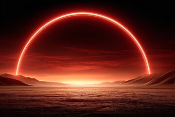 Stunning sunset over barren landscape with vibrant red sky and mountain silhouettes captured at twilight hour